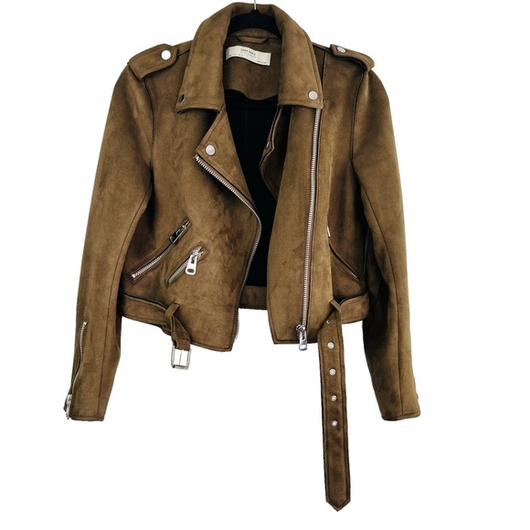 Zara Cropped Suede Effect Moto Biker Zip up Jacket Women brown in colour - Picture 5 of 16